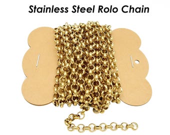 10 Feet Stainless Steel Rolo Chain Bulk Wholesale Silver Gold Rolo Link Chain, Bulk Stainless Steel Chain for Jewelry Making