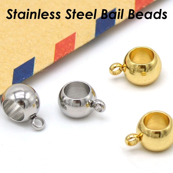 50 x Charm Bail Beads Large Hole, Stainless Steel Hanger Beads Gold Silver, 4mm 5mm 6mm 8mm Spacer Beads with Loop, Link Beads with Ring