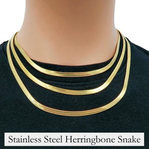 Stainless Steel Herringbone Choker Necklace Gold Silver 16 18 20 Inches Flat Snake Chain 3mm & 4mm Herringbone Necklace for Women