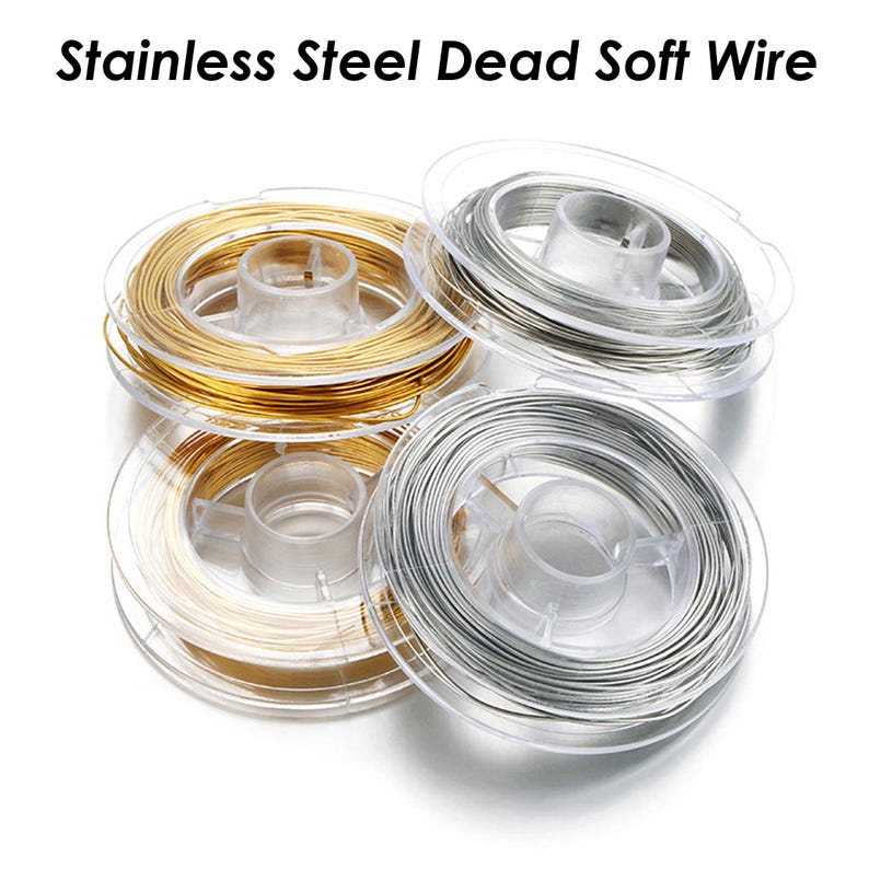 May include: Four spools of stainless steel dead soft wire. Two spools are silver, one is gold, and one is a lighter gold color. The spools are clear plastic.