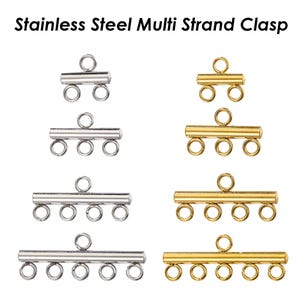 May include: Five stainless steel multi-strand clasps in different sizes. The clasps are silver and gold in color. The clasps are designed to hold multiple strands of beads or other jewelry components together.
