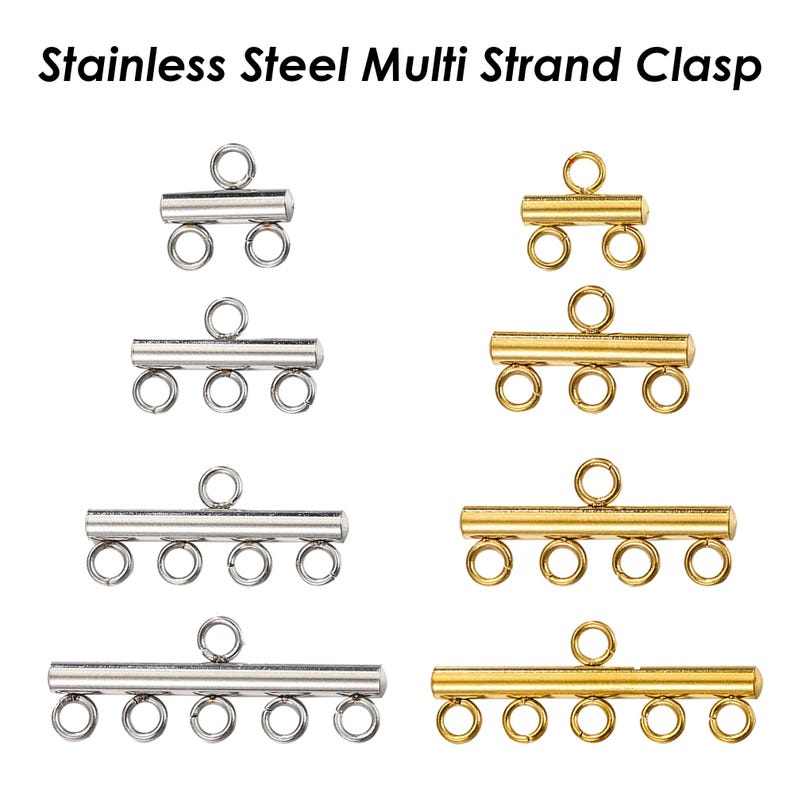 May include: Five stainless steel multi-strand clasps in different sizes. The clasps are silver and gold in color. The clasps are designed to hold multiple strands of beads or other jewelry components together.