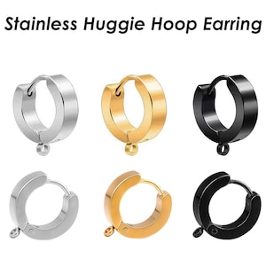 Huggie Hoop Earrings Stainless Steel, Muscly Black Silver Gold Huggie Earring Hoops with Loop, Huggie Hoop Earring Findings