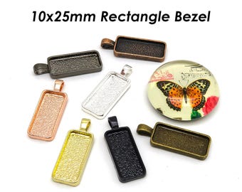 Bandeja rectangular de 10 x 25 mm para engaste de colgantes, marco rectangular en blanco para la fabricación de joyas de resina epoxi con cabujones - Plata, oro, bronce, cobre