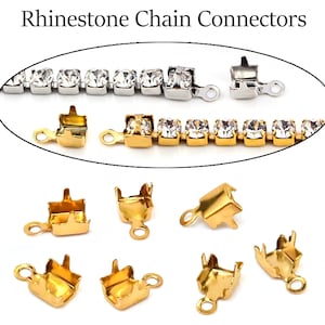 May include: Image of rhinestone chain connectors. The image shows gold and silver connectors, along with rhinestone chains. The connectors are small, with a loop on one end and a clasp on the other. The text "Rhinestone Chain Connectors" is at the top.