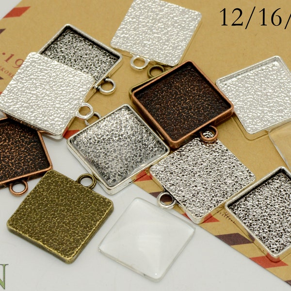 10/50 x Square Bezel Cup Charms, 12mm 16mm 20mm Base Setting Tray Blanks for Glass Cabochon Epoxy Resin for Necklace Earrings Bracelets