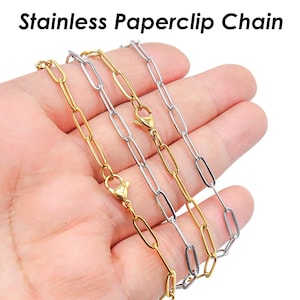 PaperClip Necklace Stainless Steel Paper Clip Chain Gold Silver Tone, Rectangle Link Paper Clip Necklace for Women or Men