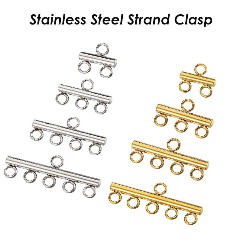 May include: A set of six stainless steel strand clasps in two finishes: silver and gold. The clasps are designed to connect multiple strands of beads or other jewelry components.