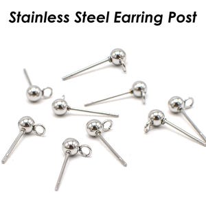 May include: A close-up of ten silver earring posts with a small ball at the top. The earring posts are made of stainless steel.