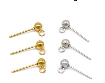 50 x Stainless Steel Ball Stud Earrings, Stud Earring Post, Stud Earring Findings With Connectors, Ball Post Earrings for Jewelry Making