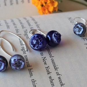 Life Size Glass Blueberry Earrings in Sterling Silver, Gold Filled , Hand-made lampwork glass - Blue berry dainty earrings