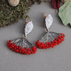 Hawthorn Rowan Berry Earrings with Leaf, Hand-blown Glass Red Orange Winter Berry, Nature Inspired Jewelry