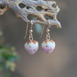 Handmade Glass White Strawberry Earrings in 14k Gold Filled, Japanese Strawberry with Gold Leaves, Pineberry Lampwork Earrings