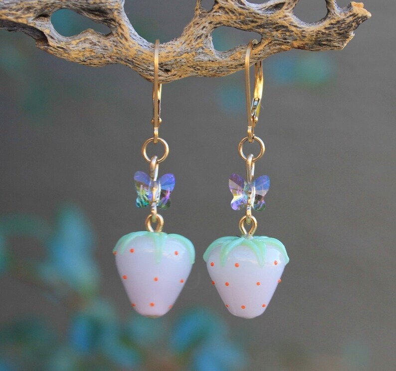 White Strawberry Handblown Murano Glass Fruit Earrings in Etsy