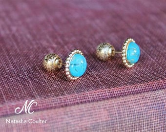 Genuine Arizona Kingman Turquoise stud earrings - 14k Gold Filled Double Ball earrings - Natural Blue Turquoise Jewelry - 8-10 mm Turquoise
