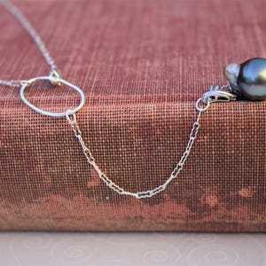 Genuine Tahitian Dainty Pearl Necklace, Metallic Gray Dark Peacock Carved Tattoo Natural Tahitian pearl delicate chain, minimalist necklace