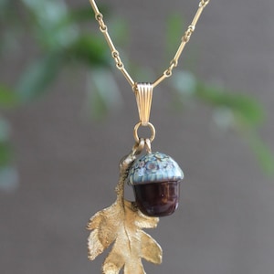 Glass Acorn Pendant or Necklace w/ Oaktree Leaf in Sterling Silver or Gold Filled Chain - Lampwork Oak Tree Woodland Charm
