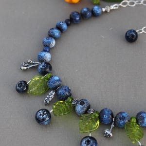 Handmade Lampwork Blueberry Necklace: Frosted Glass Berry, Bronze Seeds, Sterling Silver