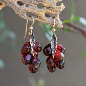 Glass Pomegranate 7 Arils Seeds Chandelier Earrings in 14K Gold Filled, Hand-blown Glass Pom Cluster Earrings, Red Fruit Granada