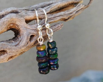 Black Fire Opal Dangle Earrings, Natural Ethiopian Welo Fire Opal AAA Wire Wrapped Earrings, October Birthstone gift