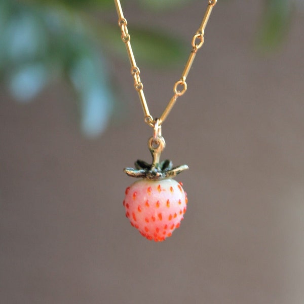 Handmade Pink Glass Strawberry Necklace in Gold Filled or Silver, Japanese Pink Strawberry, Pineberry Charm