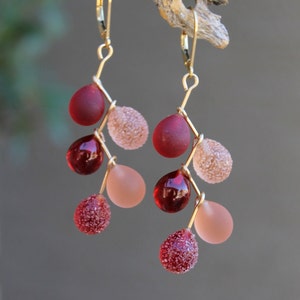 Handmade Glass Chandelier Earrings in Gold Filled, Hand-blown Murano Cluster Earrings, Dark Red Peach Teardrop Earrings