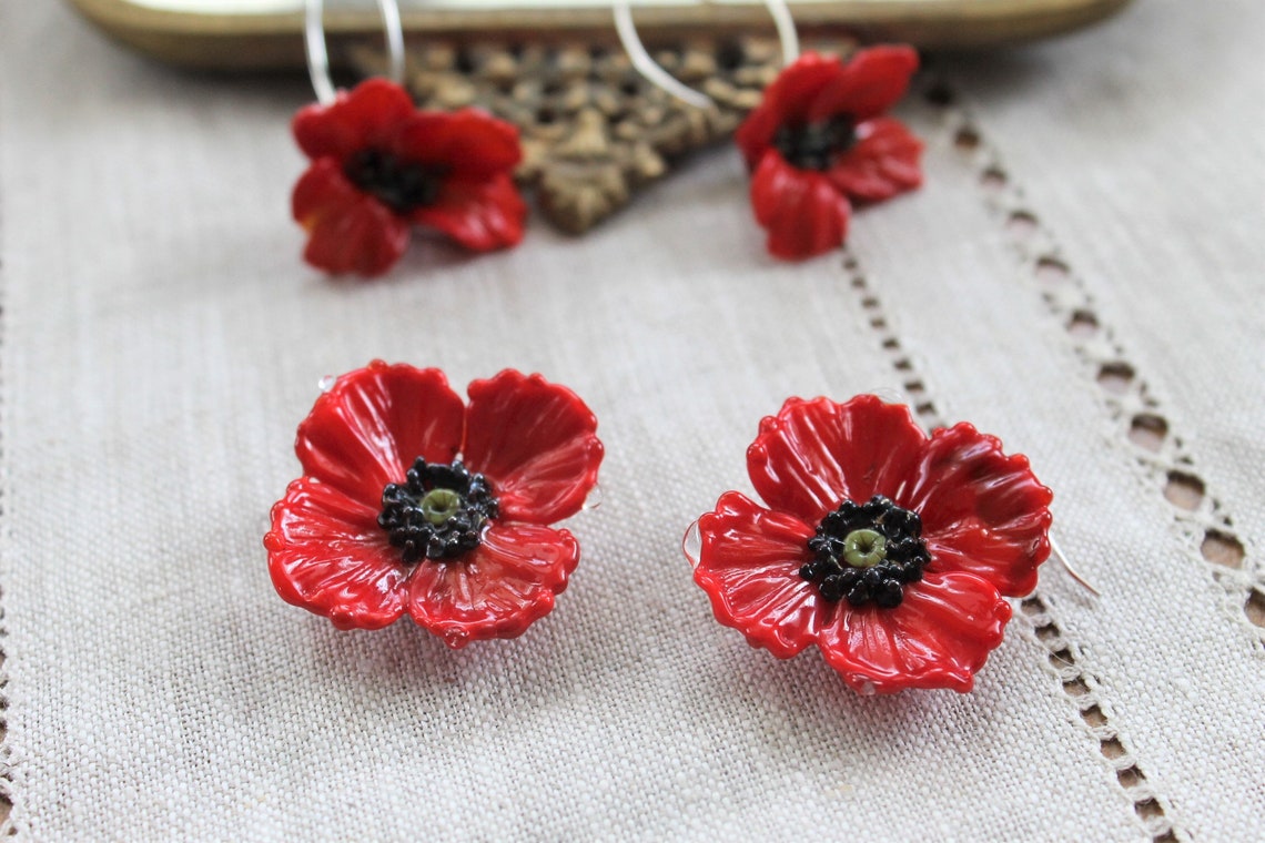 Glass Poppy Flower Earrings Red California Wild Poppy Flower Etsy