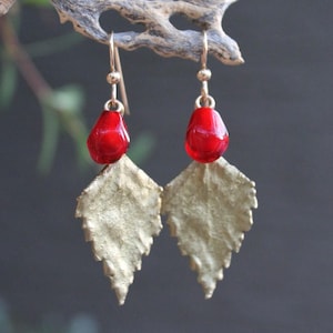 Gold Green Leaf Earrings with Glass Pomegranate Aril Seed, Handmade