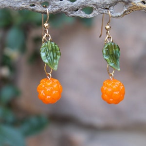 Glass Cloudberry Earrings in Gold Filled, Hand-blown Lampwork Glass Winter Salmonberry Orange Yellow, Rubus with leaves.