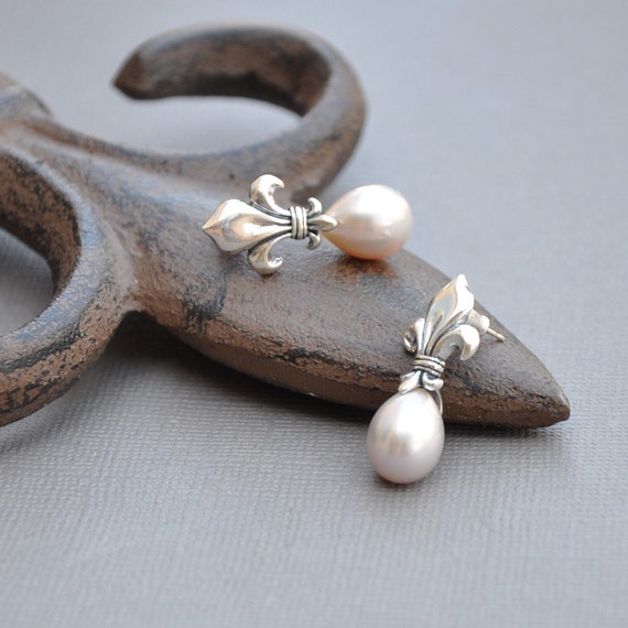 Fleur De Lis Genuine Freshwater Pearl Earrings Lotus Lily | Etsy