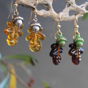 Handmade Glass Oak Leaf Earrings, Small Acorn Earrings in Gold Filled
