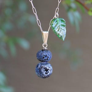 Glass Blueberry Pendant or Necklace in Sterling Silver - Hand- blown Glass Life Size Double Blueberry with Leaf, Botanical Pregnancy Gift