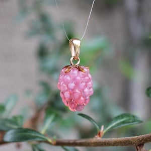 Peut inclure: Un collier pendentif framboise rose avec une bélière dorée. Le pendentif est une réplique détaillée d'une framboise, avec une surface texturée et un aspect translucide. Le collier est suspendu à un fin cordon transparent.