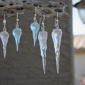 Frosted Icicle Earrings in Sterling Silver, Hand-blown Snow White, Blue, Pink Murano Glass Lampwork, Winter Christmas Crystal Jewelry