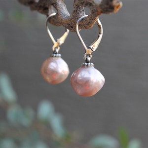 Pink Metallic Pearl Dangle Earrings: Sterling Silver Edison Flameball Pearls