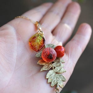 Glass Hawthorn Rowan Berry with Leaves Pendant Necklace, Handmade Glass Orange Frosted Berry, Nature Inspired Jewelry