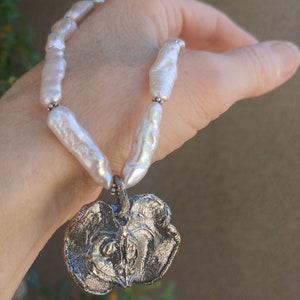 Pearl Necklace with Apple Fruit Charm - Freshwater Pink White Stick Pearl Necklace - Unique Teacher's Gift