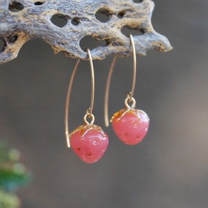 Handmade Glass Pink Strawberry Earrings in 14k Gold Filled, Japanese Pink Strawberry with Gold Leaves, Pineberry Earrings