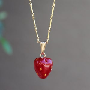 Glass Large Strawberry Pendant or Necklace Silver, Gold Filled Chain, Hand-blown Life Size Murano Glass Red Orange Berry