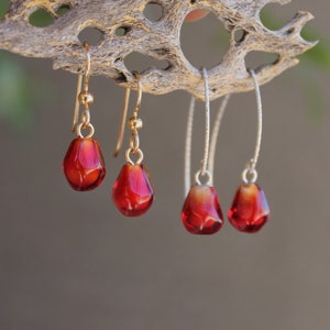 Handmade Glass Small Pomegranate Seed Earrings in Gold Filled or Silver, Hand-blown Murano Glass, Red Lampwork Artisan Earrings
