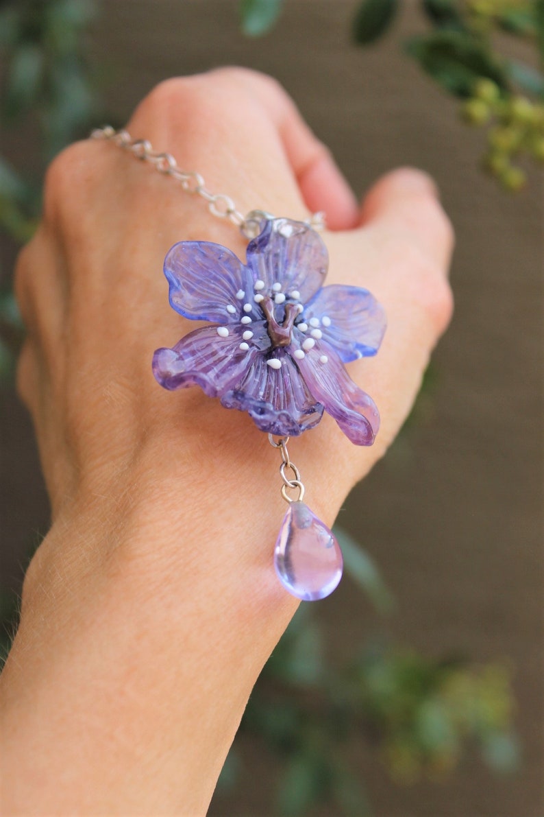 Glass Orchid Flower Necklace in Sterling Silver Handcrafted Etsy