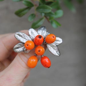 Glass Cranberry Sea Buckthorn Branch Brooch with Leaves, Handmade Murano Glass Frosted Rowan Berry, Botanical Gift
