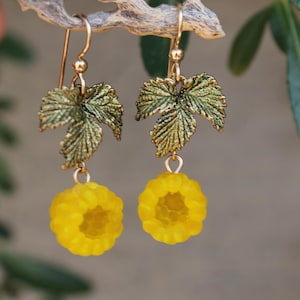 Hand Sculptured Glass Yellow Raspberry Earrings with Leaves, 14k Gold Filled