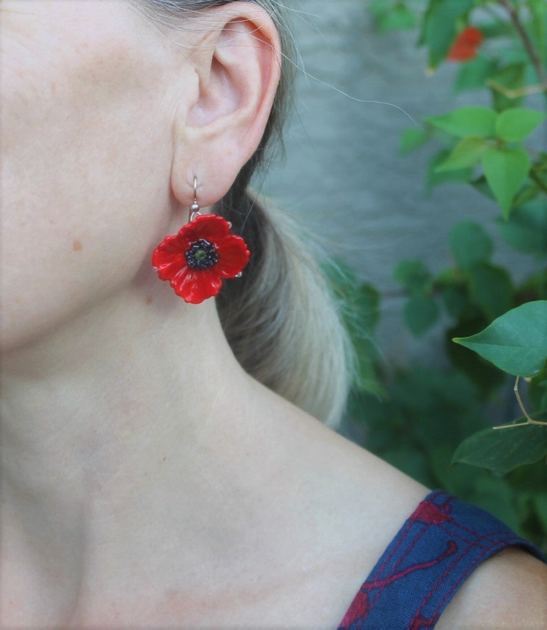 Glass Poppy Flower Earrings Red California Wild Poppy Flower Etsy
