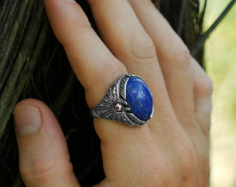 Anillo Lapis Lazuli "Ra" con 2 Rubí / Anillo de hombre / Anillo de plata de ley / Anillo egipcio / Anillo de piedra azul / Anillos para mujer / Anillo de declaración