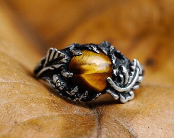 Tiger Eye Ring for women "Tori" | Autumn Jewelry Engagement ring | Flower Twig ring | Branch ring | Oak leaves ring | Tiger eye jewelry