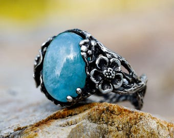 Aquamarine ring "Mirra" | Sterling Silver Ring | Blue stone Ring | Aquamarine Jewelry | Statement ring | Rings for women | Flower ring