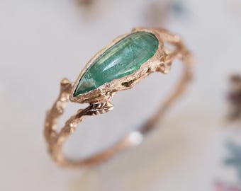 One of a Kind Colombian Emerald Ring VALE | Pear Cabochon 14K Rose Gold Twig Band | Leaf Branch Engagement | May Birthstone