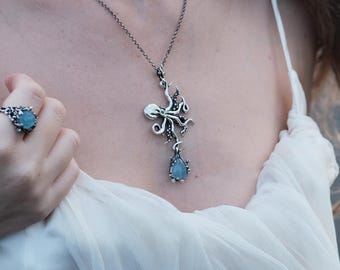 Silver Octopus Pendant | Aquamarine Chunky Bold Large Long Blue Stone Organic Animal Necklace | Fantasy Boho Earthy Sea Ocean Jewelry Women