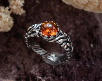 Amber Ring ANA| Blackened Silver Engagement Ring | Statement Amber Jewelry | Orange Stone Promise Ring | Wide Wedding Band  Anniversary Ring